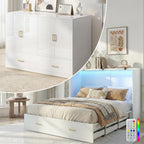 Mjkone Queen Size Murphy Cabinet Bed with RGB LED Lights, High Gloss MDF Murphy Beds with Tri-Folding Mattress Included, Convertible Chest Cabinet Bed with Storage Drawers for Small Spaces, White