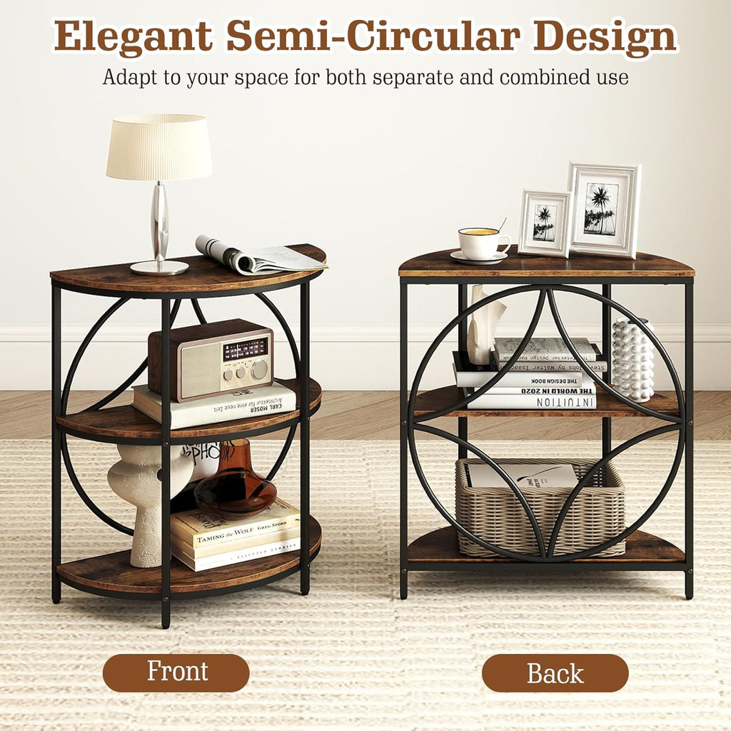 Giantex Half Round End Table - 3-Tier Narrow Sofa Side Table w/Study Metal Frame & Storage Shelves, Half Moon Circle Bedside Night Stand for Living Room Bedroom Small Spaces (Rustic Brown,1)