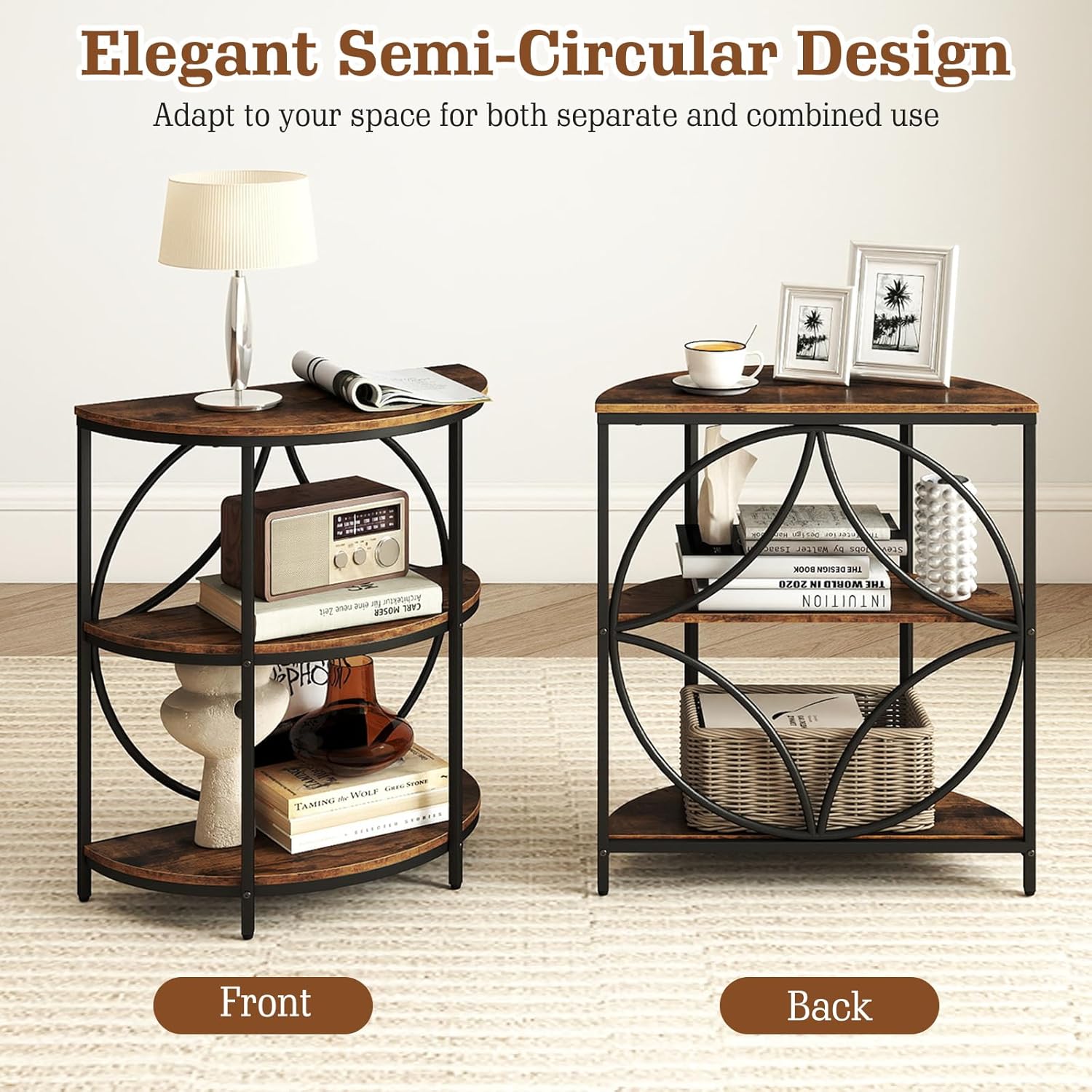 Giantex Half Round End Table - 3-Tier Narrow Sofa Side Table w/Study Metal Frame & Storage Shelves, Half Moon Circle Bedside Night Stand for Living Room Bedroom Small Spaces (Rustic Brown,1)