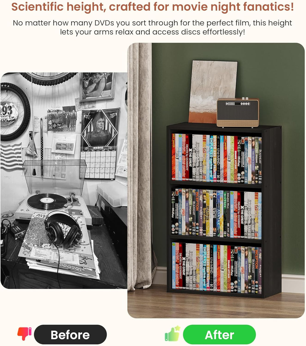 DVD Storage Cabinet Shelf, 3 Tier Media Storage Tower for CDs & Video Games, Freestanding Organizer Shelf for Living Room Home Office, Holds 80+ DVDs(Black)