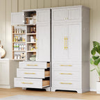 78.2" Tall Kitchen Pantry, Mid-Century Modern Storage Cabinet with 3 Drawers, Freestanding Pantry Cabinets with 4 Doors & Adjustable Shelves, Versatile Cupboard for Dining & Living Room,White