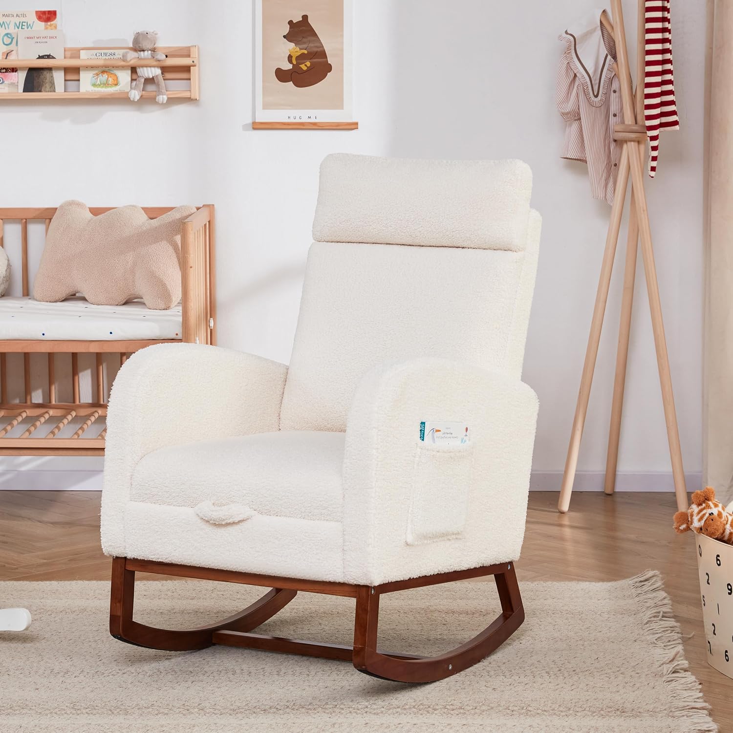 Rocking Chair Nursery Teddy High Back Rest Glider Rocker with Footrest Nursing Rocking Chairs Upholstered Accent Arm Chair for Living Room Bedroom Indoor, Teddy White