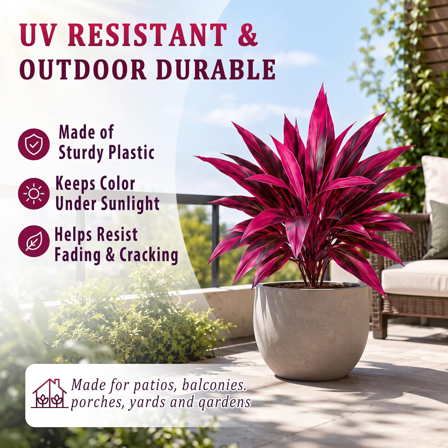Waydress 6 Pcs Artificial Tropical Plants Faux Cordyline Fruticosa Logs Fake Boston Ferns UV Resistant Artificial Outdoor Greenery Pink Purple for Garden Patio Balcony Porch Yard Home Decor