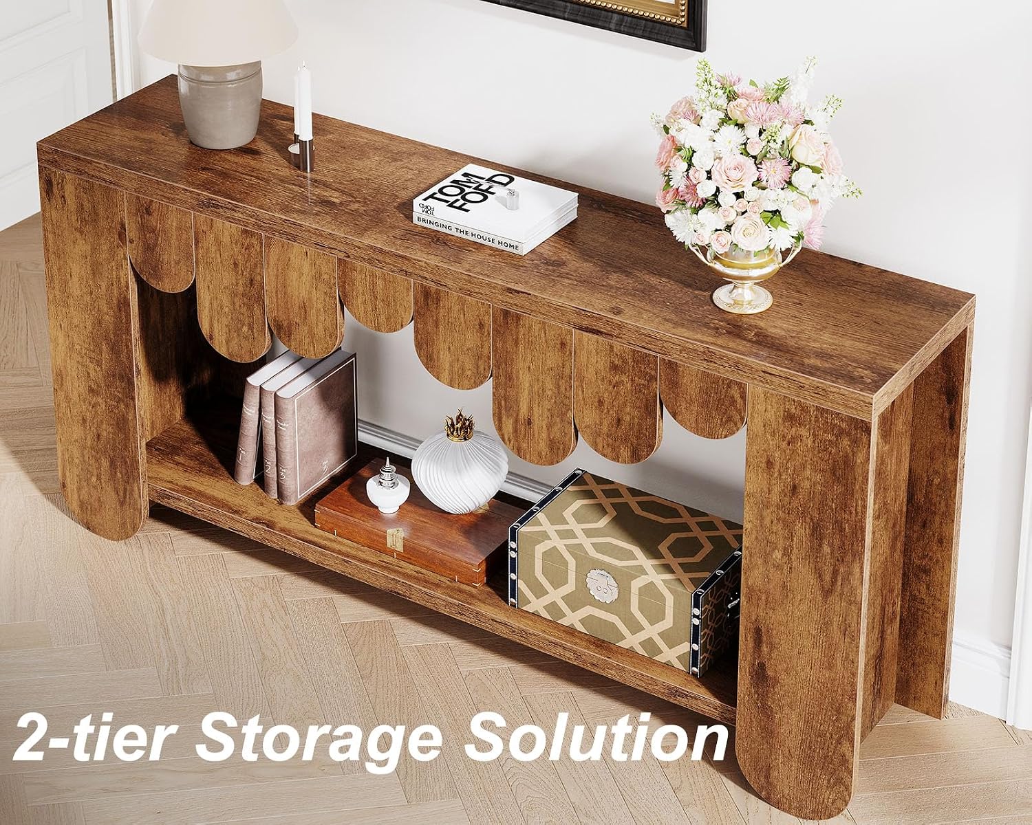 IBF 63” Long Entryway Table, 2-Tier Console Table with Storage, Farmhouse Wooden Rectangular Sofa Table Behind The Couch, Modern Entry Table for Hallway Entrance Foyer Home Living Room, Rustic Brown