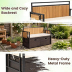 Outdoor Storage Bench, Outside Cushioned Loveseat Seating with Acacia Wood Backrest, 2 Folding Side Tables & 2 Doors, PE Rattan Deck Box for Patio Cushions, Garden Tools & Pool Supplies