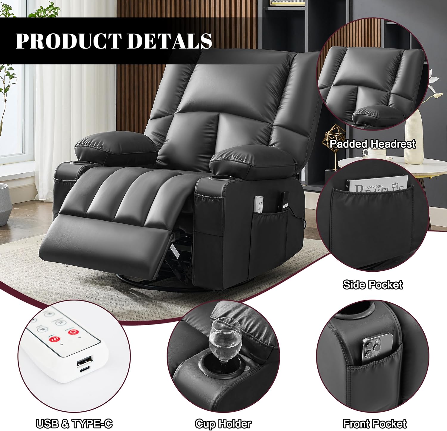 Oversized Recliner Chairs for Adults, 270° Swivel Rocker Recliner with Heat and Massage Lazy Boy Recliner, Recliner Chairs Single Sofa Seat with Cup Holders (Black, Electric)