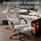 Gaming Chair Fabric with Pocket Spring Custion, Ergonomic High Back Video Game Chair with Footrest Massage Lumbar Support, Height Adjustable Comfy Computer Chair for Adults Game Beige White
