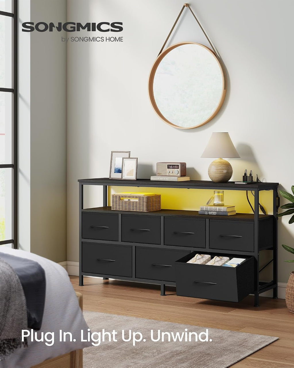 SONGMICS BELLAH Collection - Dresser for Bedroom with App-Controlled LED Lights and Charging Station, Chest of Drawers, TV Stand, 7 Drawers, Shelf, Modern, Ink Black ULGS733BH02S