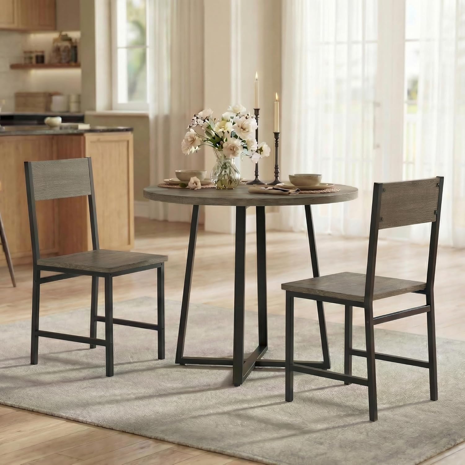 POWERSTONE Industrial Dining Chairs Set of 4, Wooden Kitchen Chairs with Slanted Backrests & Metal Legs, 330lb Capacity, Easy to Assemble, Farmhouse Dinner Seats for Living Room, Restaurant, Oak Grey
