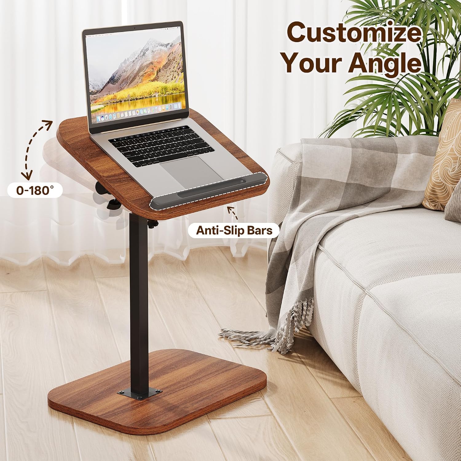 TV Tray Table, Adjustable Height, Flip-Top, Snack Side Table with 360° Swivel and 180° Tilt, C Shaped End Table for Couch, Sofa, Bed, Recliner, Walnut