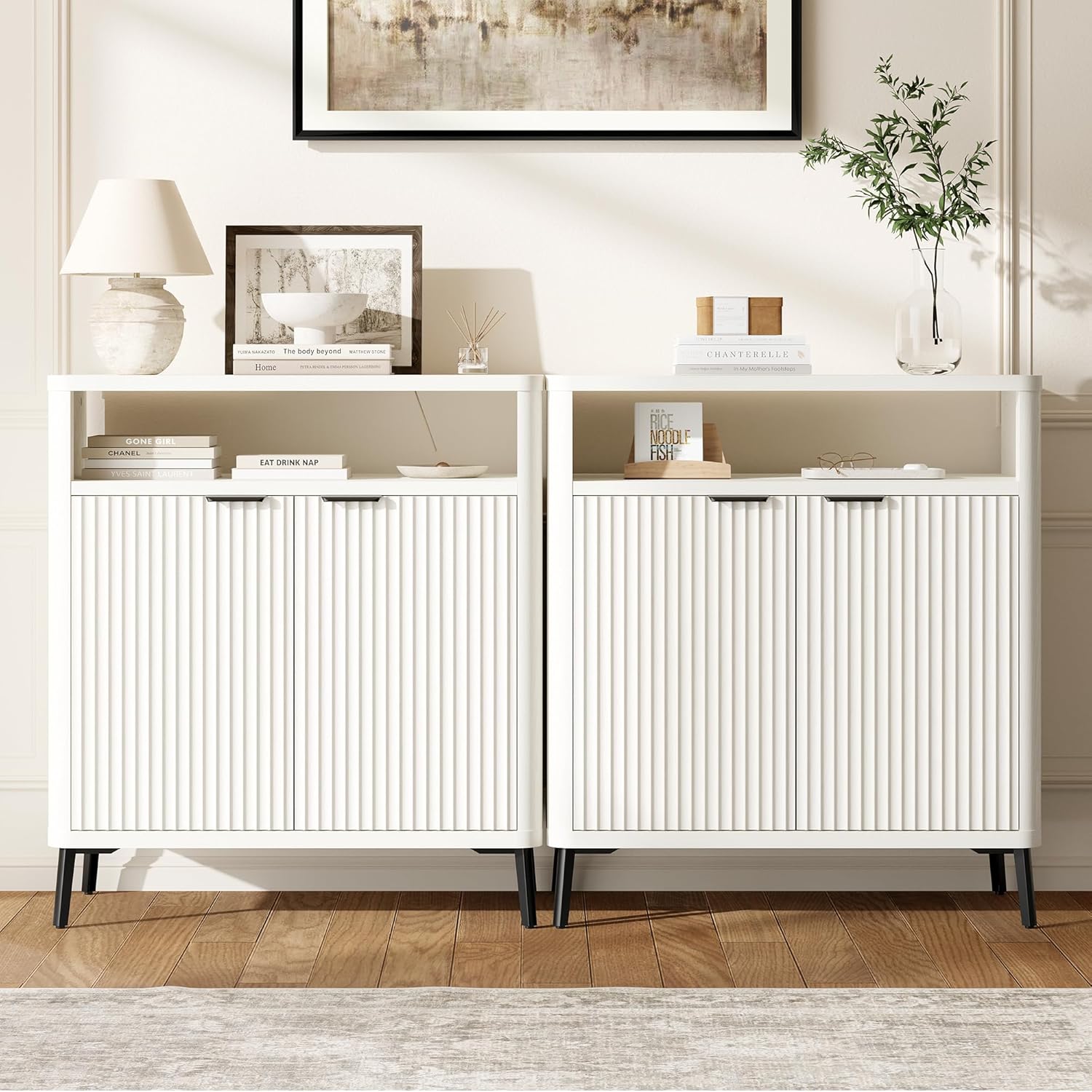 Fatmok Fluted Buffet Cabinet with Storage, 31.4" Wide Wood Sideboard Credenza with 2 Doors & Open Storage Shelf, Modern Coffee Bar Table for Living Room Kitchen Dining Room,White