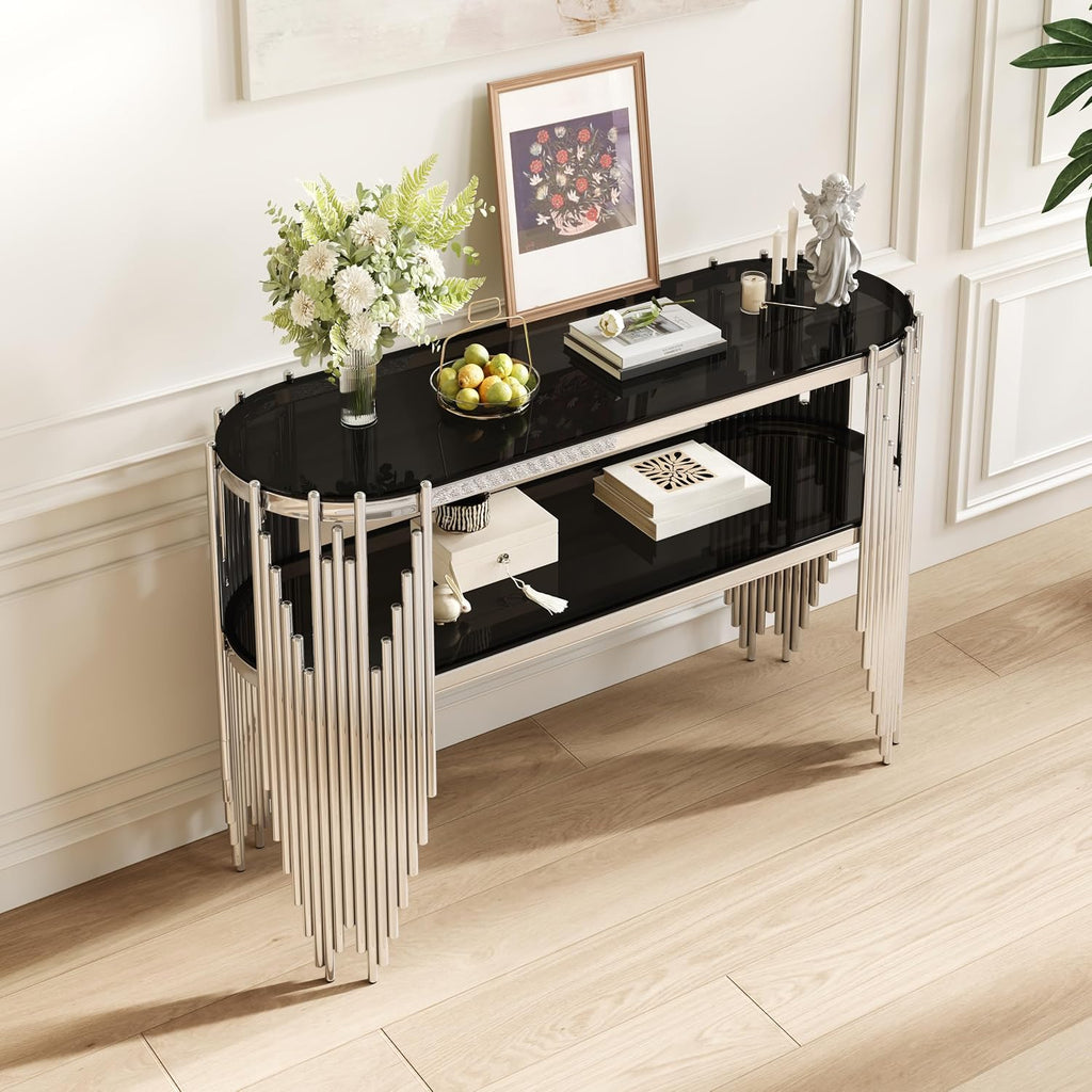 Modern Oval Console Table, 47 Inch Silver Sofa Tables with 2-Tier Black Tempered Glass Shelves & Polished Stainless Steel Frame Accent Side Table for Hallway Living Room (Silver+Black)