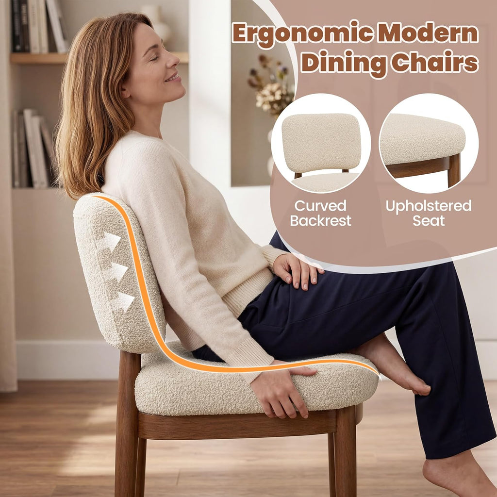 Wooden Dining Chairs Set of 2, Boucle Upholstered Kitchen Chairs with Solid Wood Legs, Mid Century Modern Dining Chairs, Farmhouse Side Chair with Hardwood Frame for Dining Room, Beige