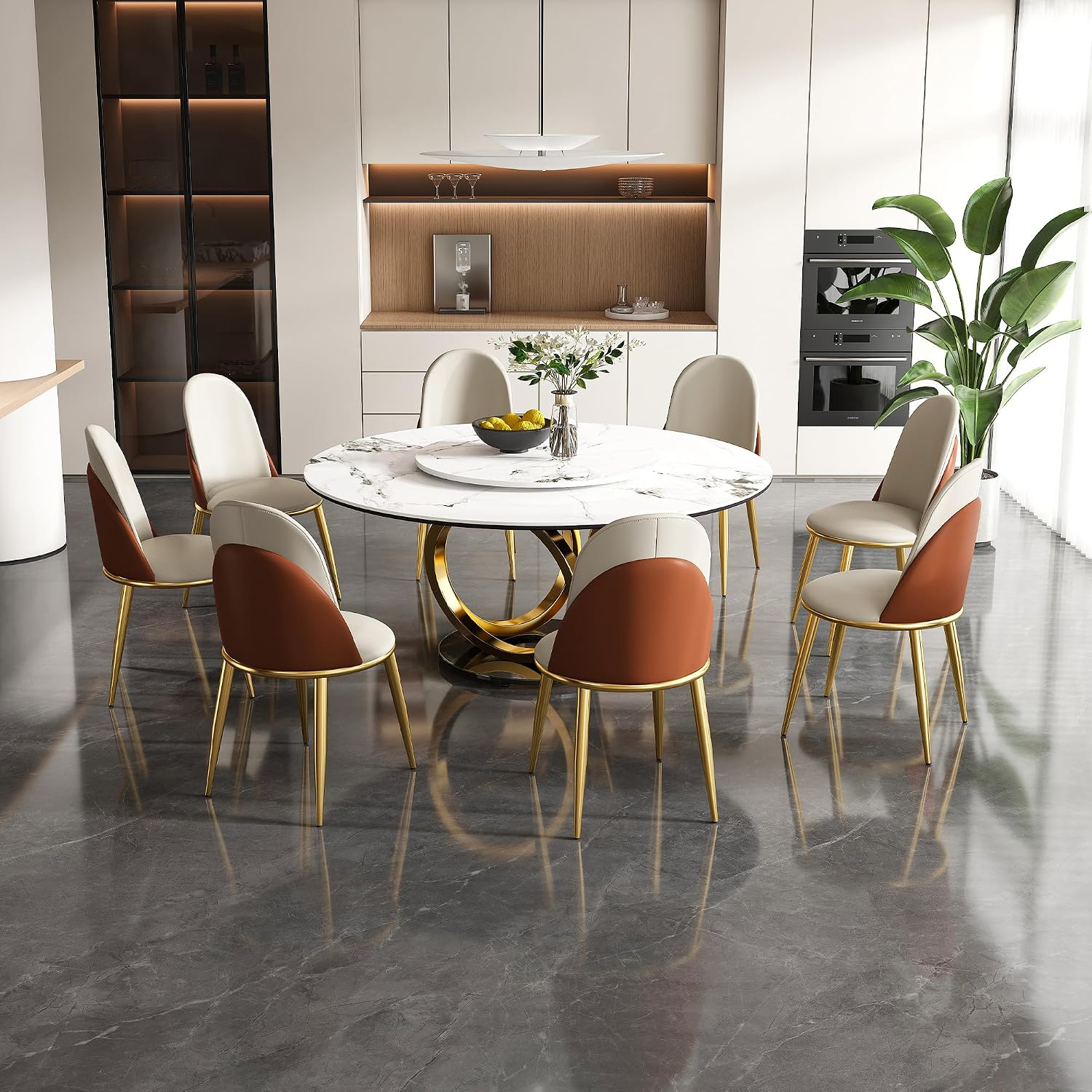 9-Pcs Round Dining Table Set with 31.5" Removable Lazy Susan, Modern Marble Dining Room Table Set of 8, Luxury 59" D Sintered Stone Dining Table with 8 Chairs and Stainless Steel Base for Home Kitchen