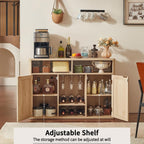 Lerliuo Rattan Wine Cabinet with 2 Doors, Boho Liquor Cabinet with Wine Racks, Farmhouse Coffee Bar Station for Living Room, Dining Room, Kitchen, Natural Wood