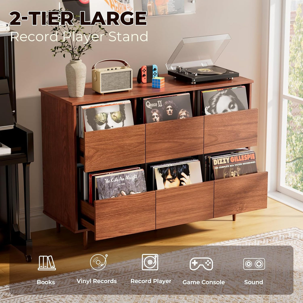 BROTTAR 47.2" Large Record Player Stand, 7“/10"/12" Vinyl Record Storage Cabinet, Mid Century Turntable Stand, Vinyl Record Holder, Media Cabinet with DVD Drawers for Living Room, Music Corner, Brown