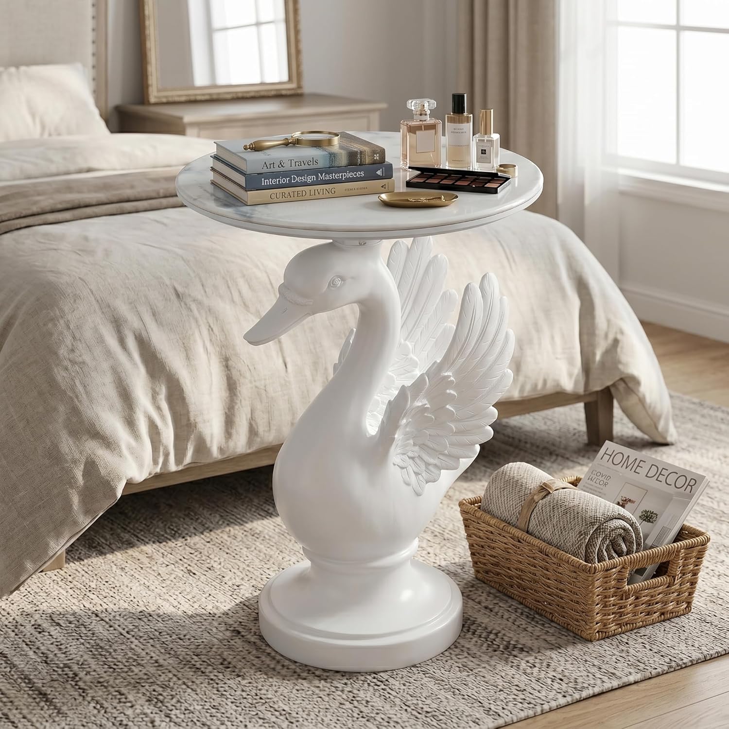 Sculptural Swan Head Side Table, Artistic Animal End Table with Faux Marble Top, Modern Accent Table for Living Room, Unique Home Decor Gift for Housewarming, 19.69" W x 25.5" H
