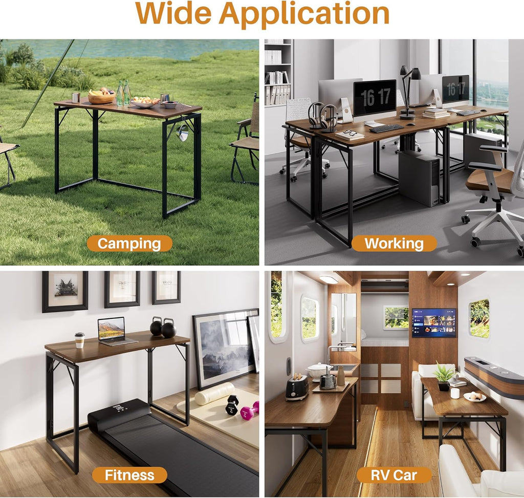 JOYMOOP 31.5" Folding Desk - Brown, No Assembly Small Foldable Desk for Home, Office, Wooden Top Folding Computer Desk for Working, Writing, Studying