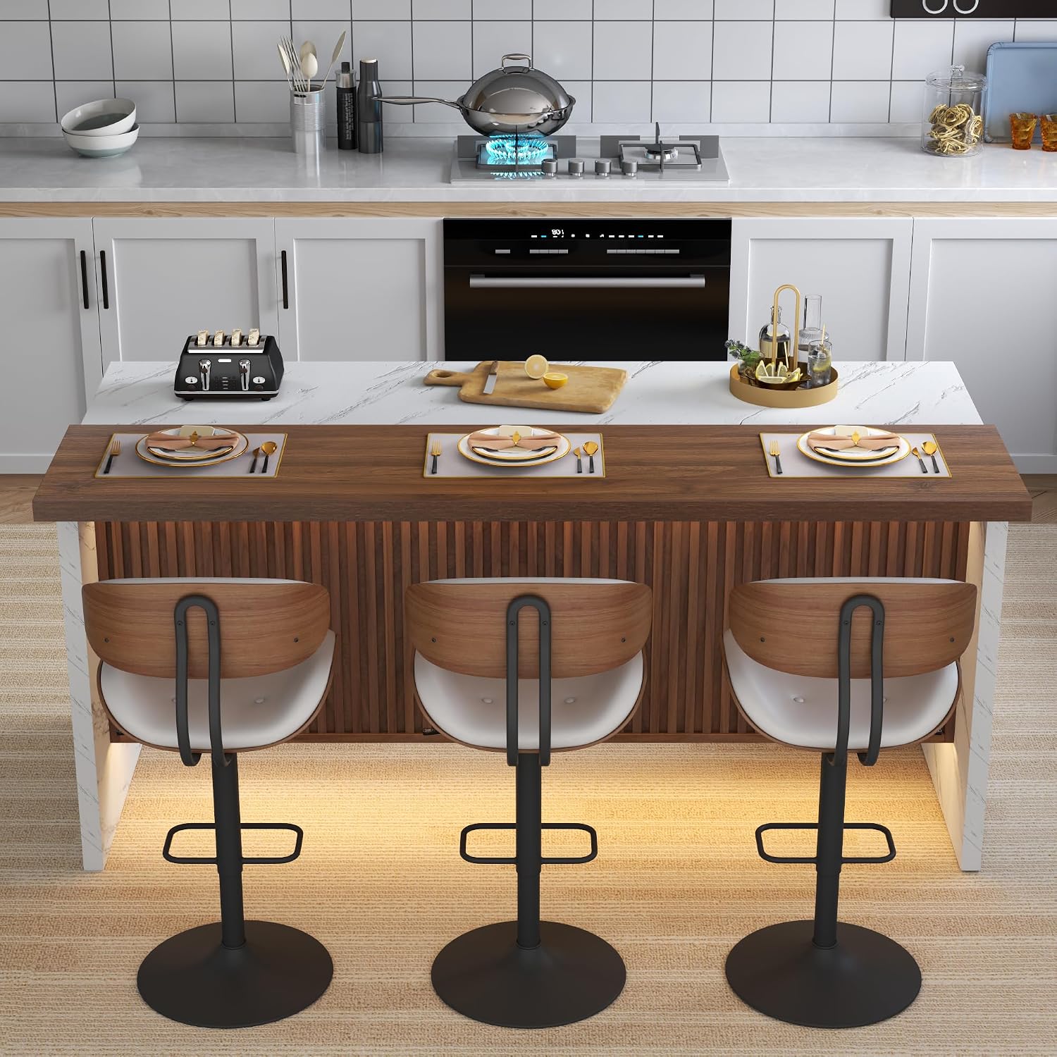 Gyfimoie 71" Large Imitation Marble Bar Table,Island Table with LED Lights | Mordern Marble Stripes Dining Table with Grille Design for Home Kitchen, Living Room, Balcony, Basement (White+Brown)