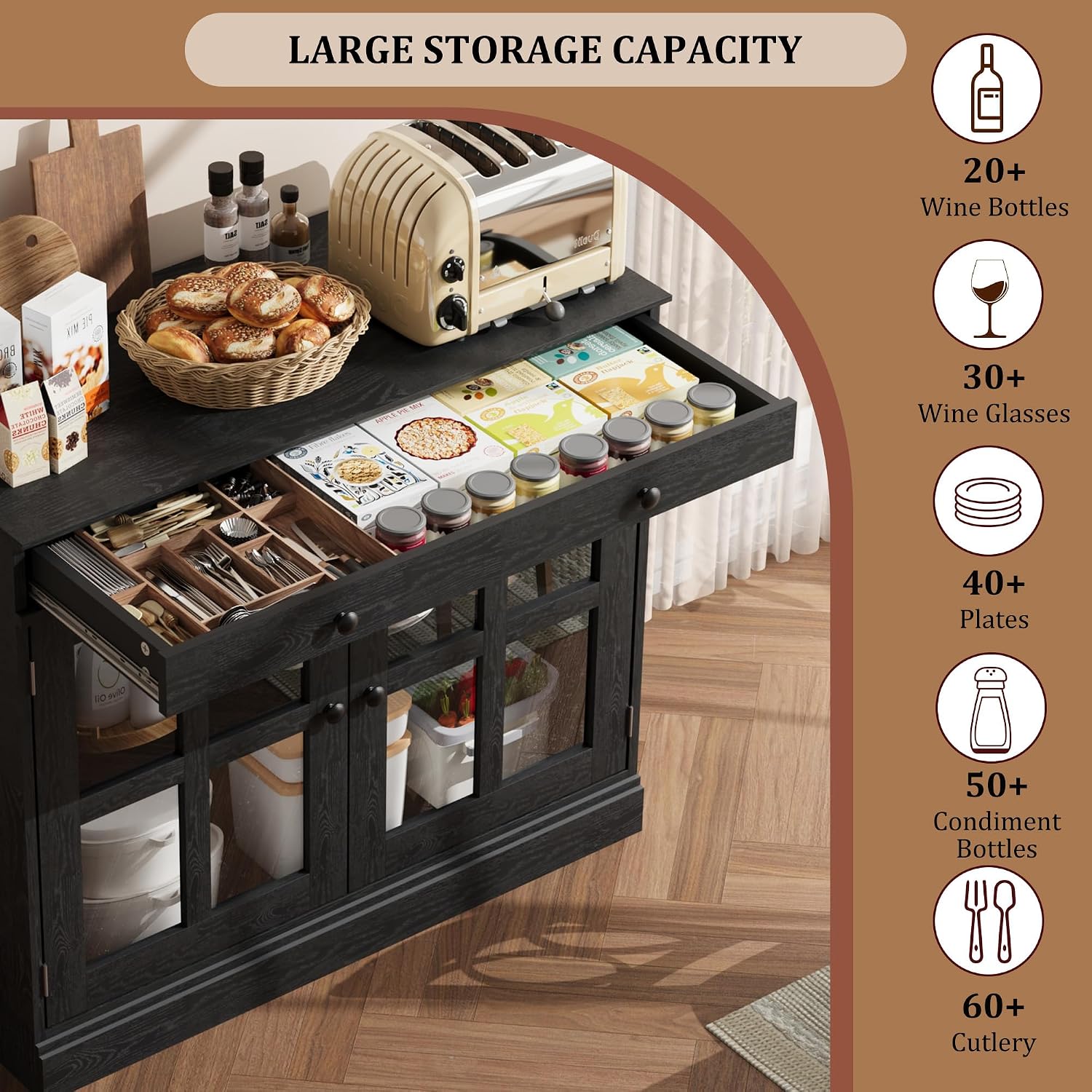 GarveeHome 35.4 in Sideboard Buffet Cabinets with Glass Door, Buffet Cabinet with Storage, Black Sideboard Cabinet with Drawer, Modern Buffets & Sideboards for Dining Room, Kitchen