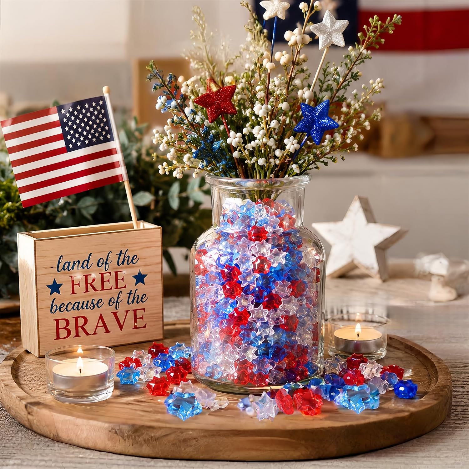 YATOJUZI 500 PCS Acrylic Star Vase Filler, 4th of July Table Decorations | Patriotic Memorial Day Party Decor, Fourth of July Red White and Blue Plastic Stars Gems for DIY Crafts