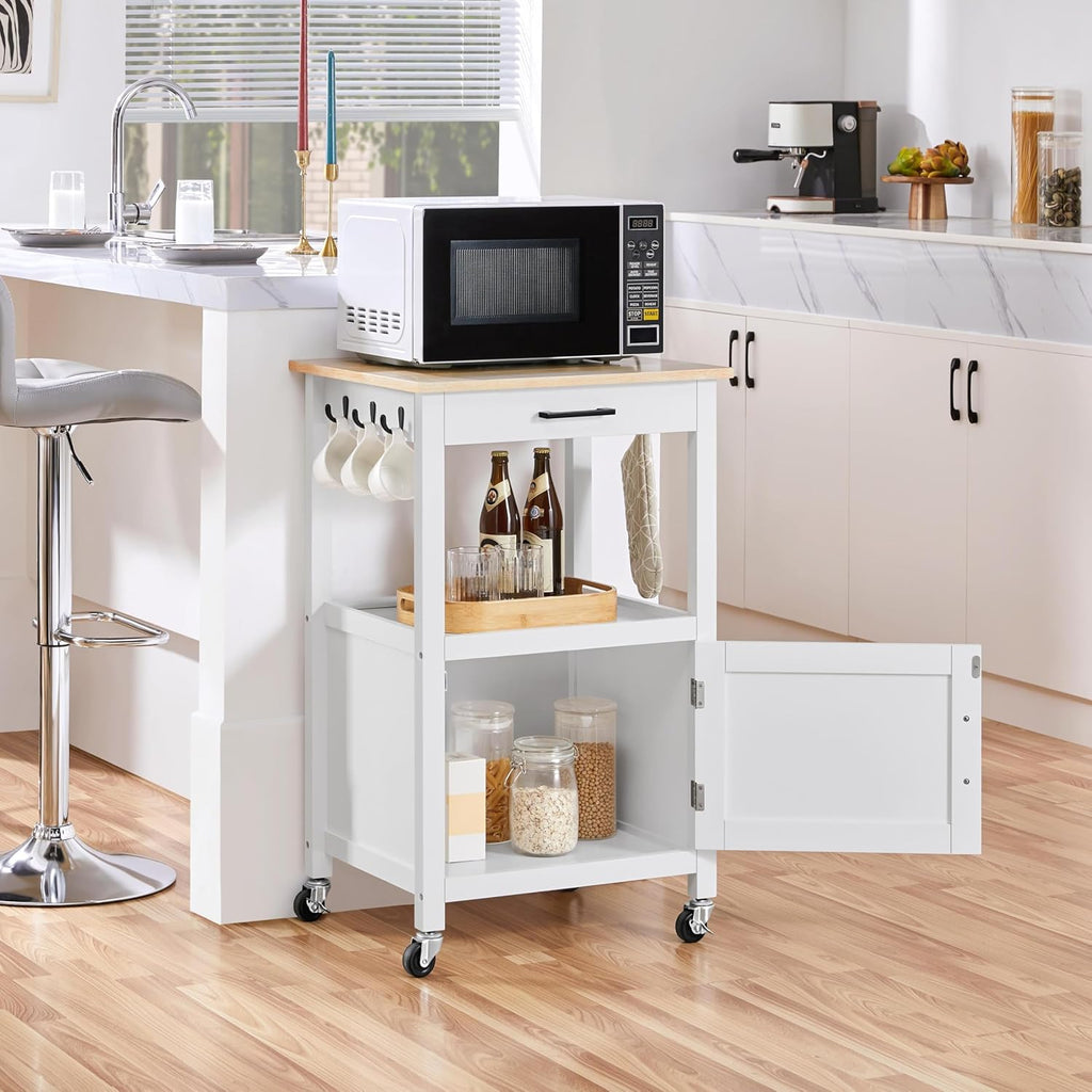 Yaheetech Kitchen Island Cart with Storage, Rolling Kitchen Island on Wheels with 6 Side Hooks, Wood Top Microwave Cart with Drawer for Dining Room, White