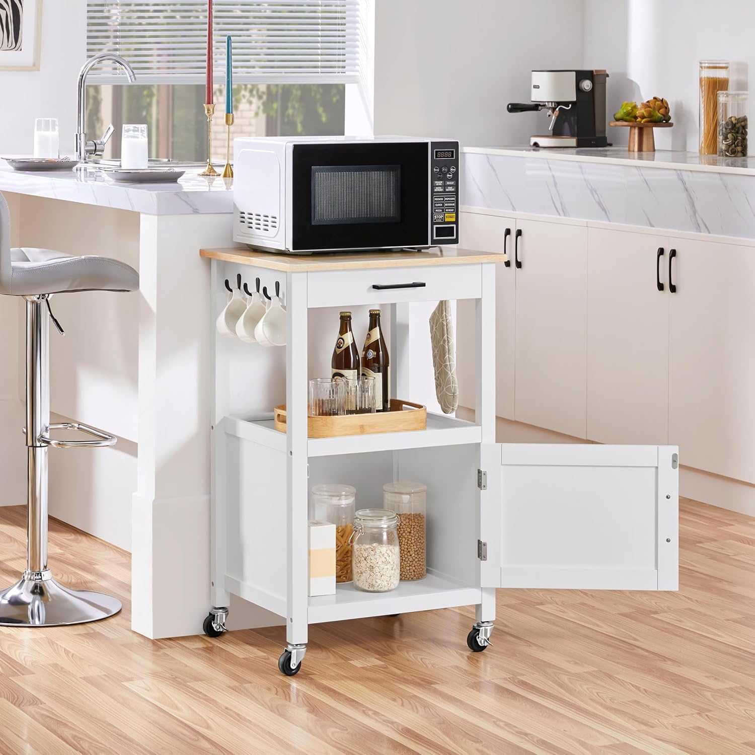 Yaheetech Kitchen Island Cart with Storage, Rolling Kitchen Island on Wheels with 6 Side Hooks, Wood Top Microwave Cart with Drawer for Dining Room, White