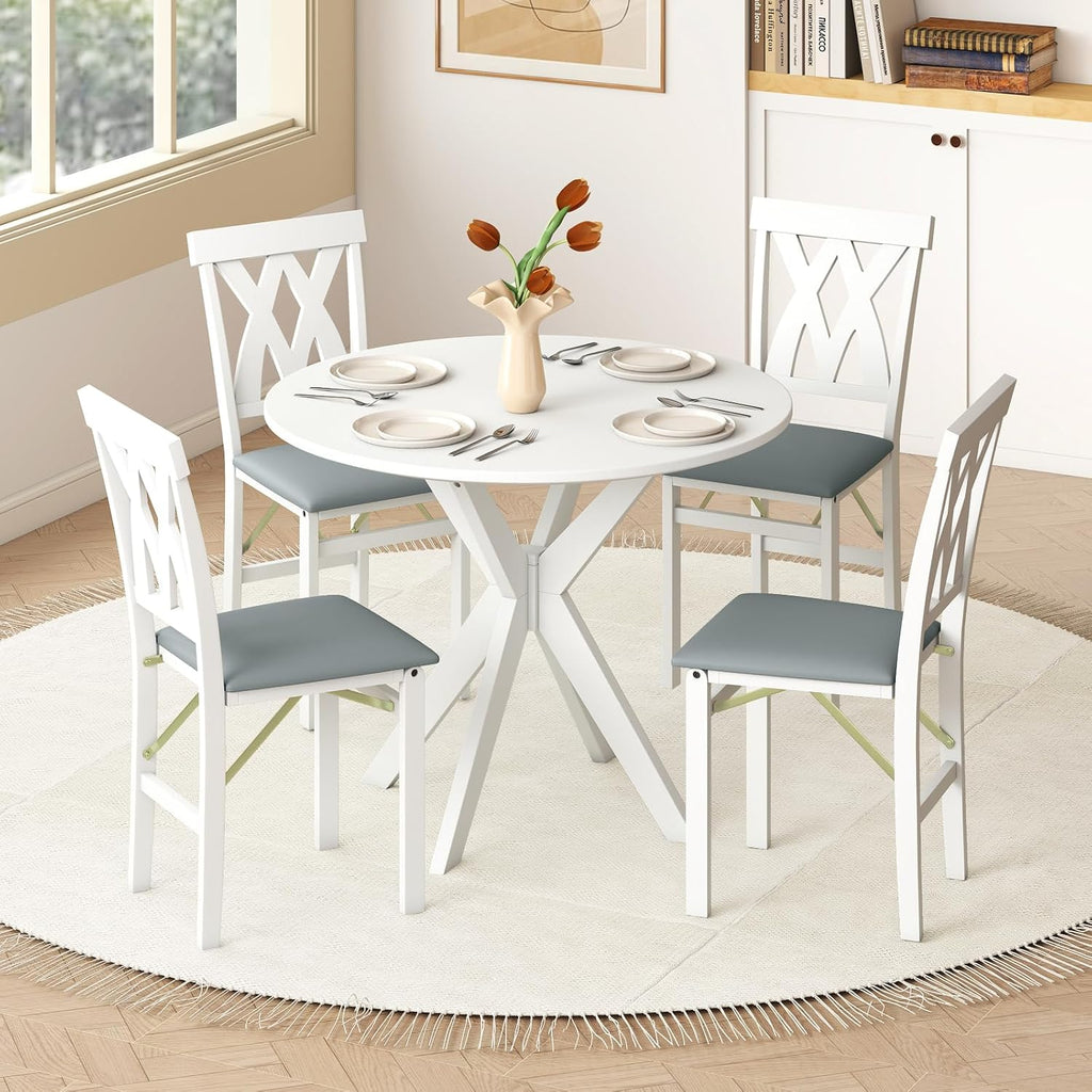 GOFLAME Folding Dining Chairs Set of 4, Foldable Kitchen Chairs with PVC Leather Padded Seat and Rubber Wood Frame, Elegant Hollowed Backrest, Wooden Dinner Chair Set for Dining Room, White