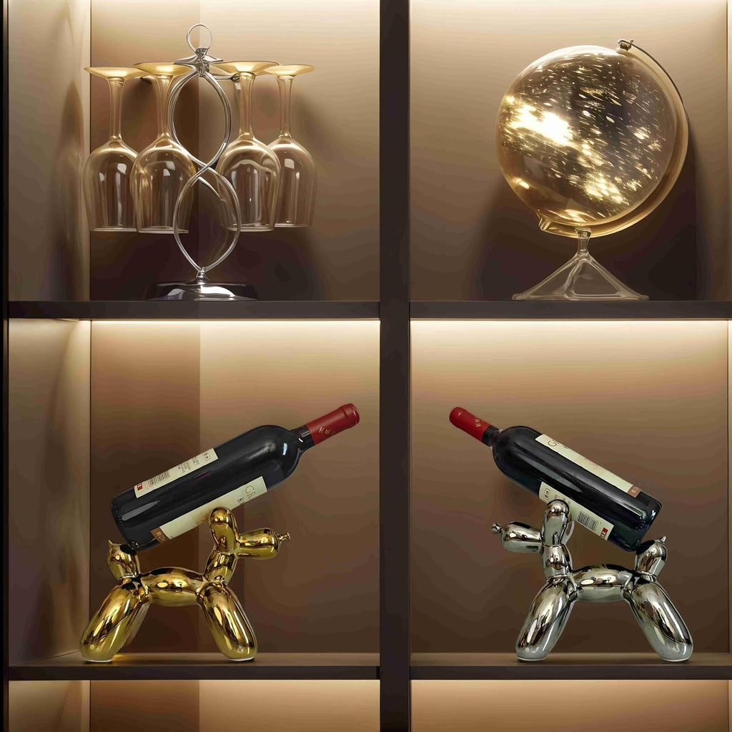 Creative Balloon Dog Wine Bottle Holder Doubles as Standalone Statue Decor and Bookend for Dog Lovers,Modern Decoration for Kitchen,Living Room,and Bar,Ceramic,Metallic Chrome Silver