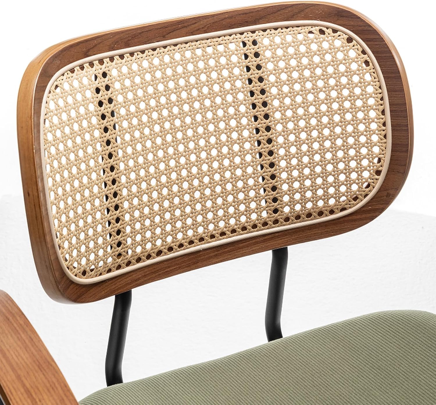 Rattan Dining Room Chairs Set of 4,Mid Century Modern Kitchen Side Chair,Metal Legs Desk Chair,Green Corduroy Fabric Upholstered Accent Chair with Arms and Rattan Backrest