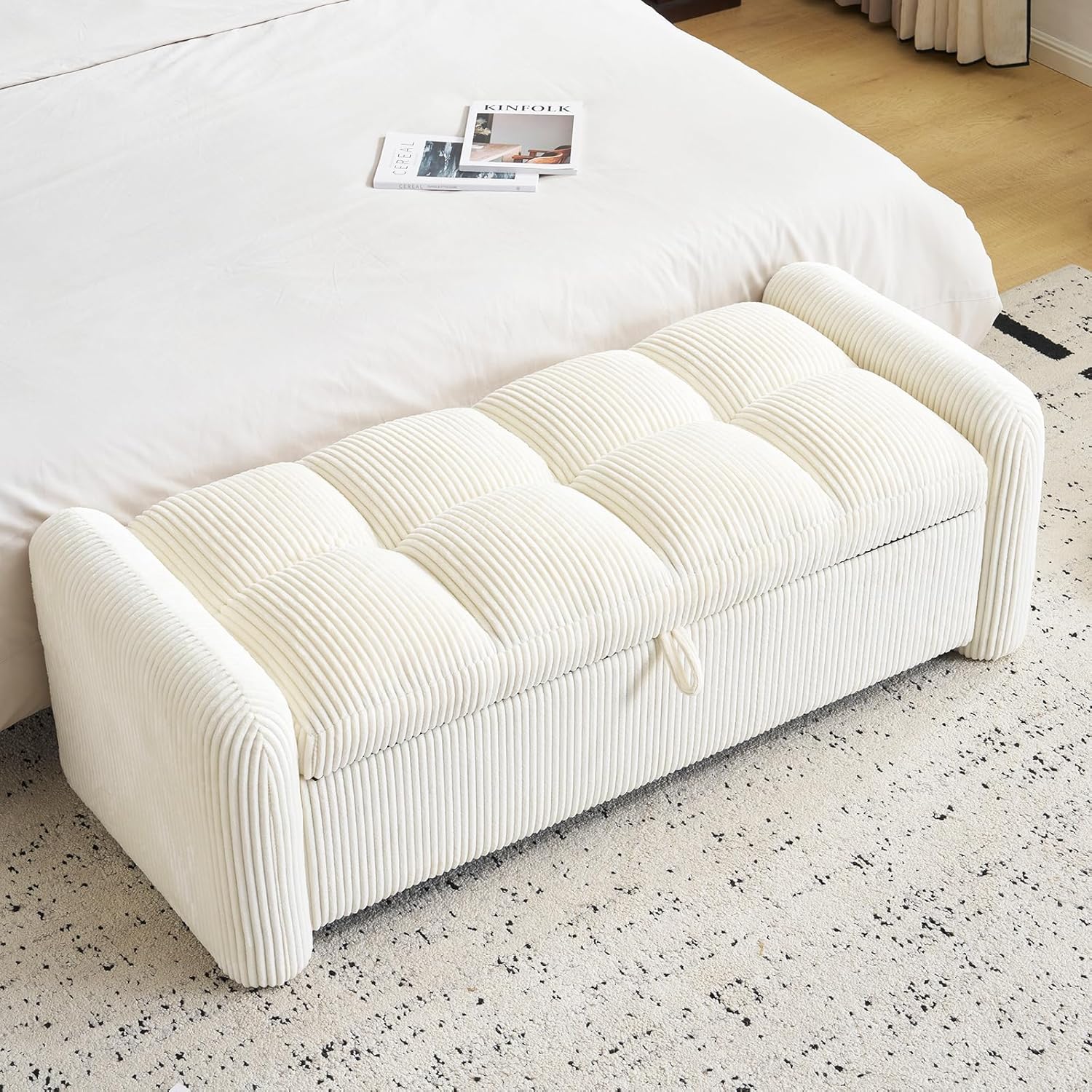 Upholstered End of Bed Bench with Storage,Oversized Corduroy Storage Ottoman Bench for Living Room,Ottoman Foot Rest for Bedroom,Beige