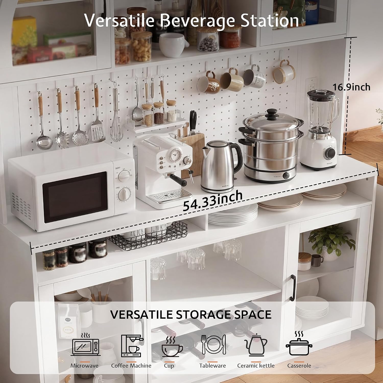 71" Tall Kitchen Pantry Storage Cabinet with LED Lights & Charging Station, Farmhouse Coffee Bar Cabinet with Adjustable Shelves & Pegboard, Pantry Cabinet with Countertop & Microwave Stand (White)