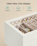 SONGMICS 3-Layer Jewelry Box with Glass Window, Jewelry Storage Organizer with 3 Drawers, Golden Handles, for Rings, Earrings, Bracelets, Gift Idea, Cream White, 6.3 x 9.4 x 4.9 Inches UJBC206WD02S