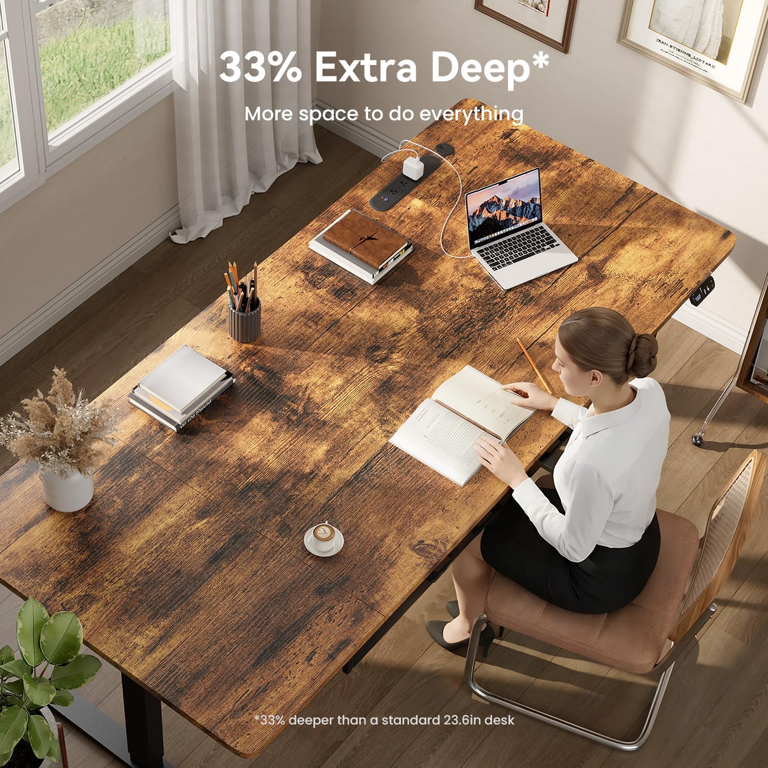 HLDIRECT Electric Standing Desk, Extra Large 71 x 31.5 Inches Height Adjustable Table with Outlets, Sit Stand Computer Desk with Drawers for Home Office, Ergonomic Rising Workstation, Rustic Brown