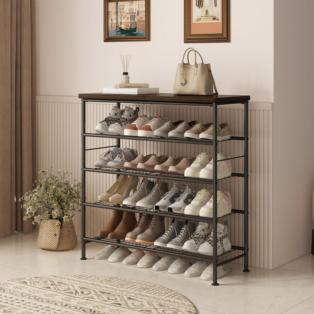 SUOERNUO Shoe Rack Organizer 5 Tier for Closet Entryway Free Standing Metal Storage Shoe Shelf with MDF Top Board，Black+Rustic Brown