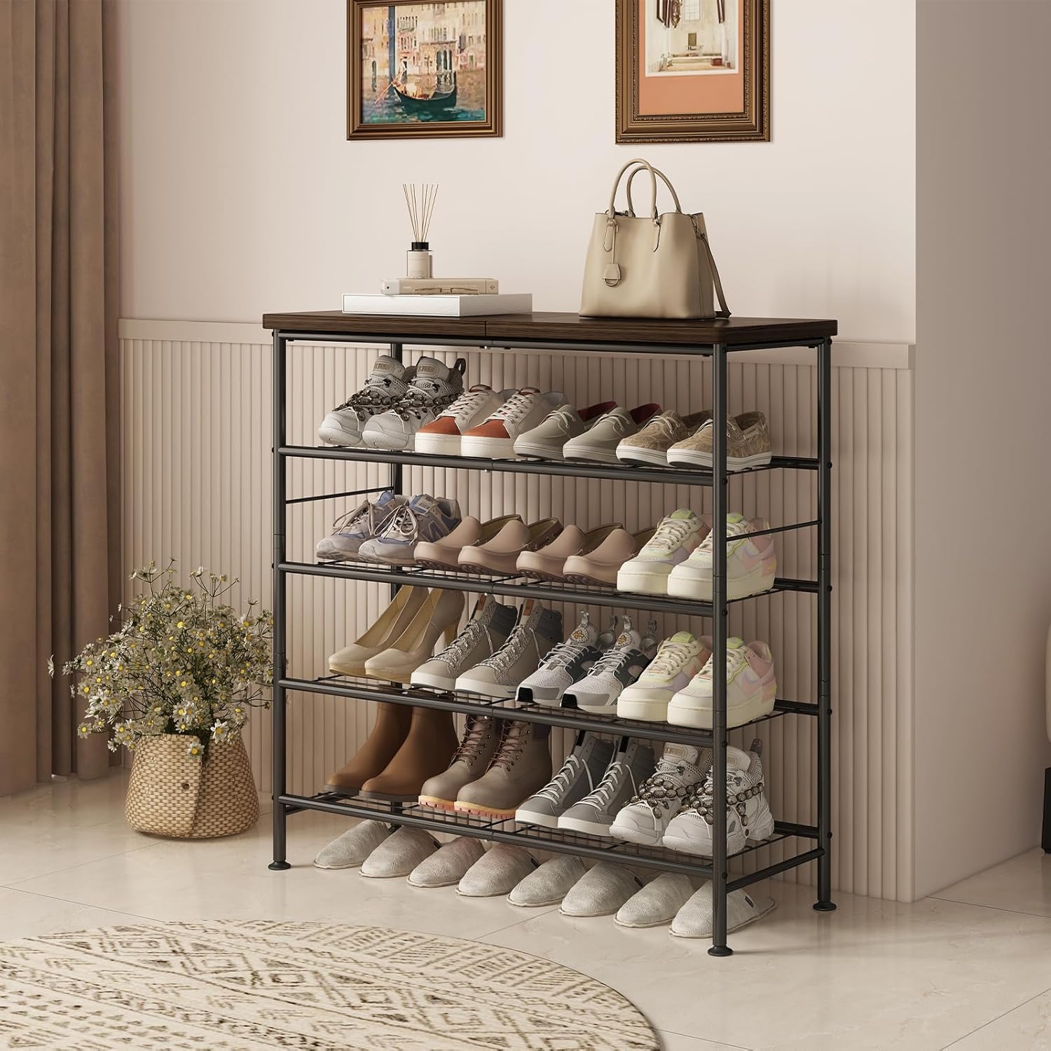 SUOERNUO Shoe Rack Organizer 5 Tier for Closet Entryway Free Standing Metal Storage Shoe Shelf with MDF Top Board，Black+Rustic Brown