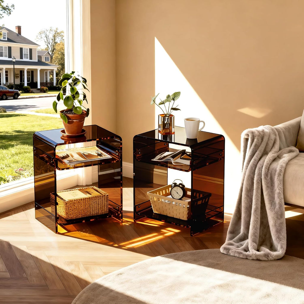 Acrylic End Table Record Player Table with Storage Shelf Clear Side Table Nightstand (Dark Brown Set of 2)