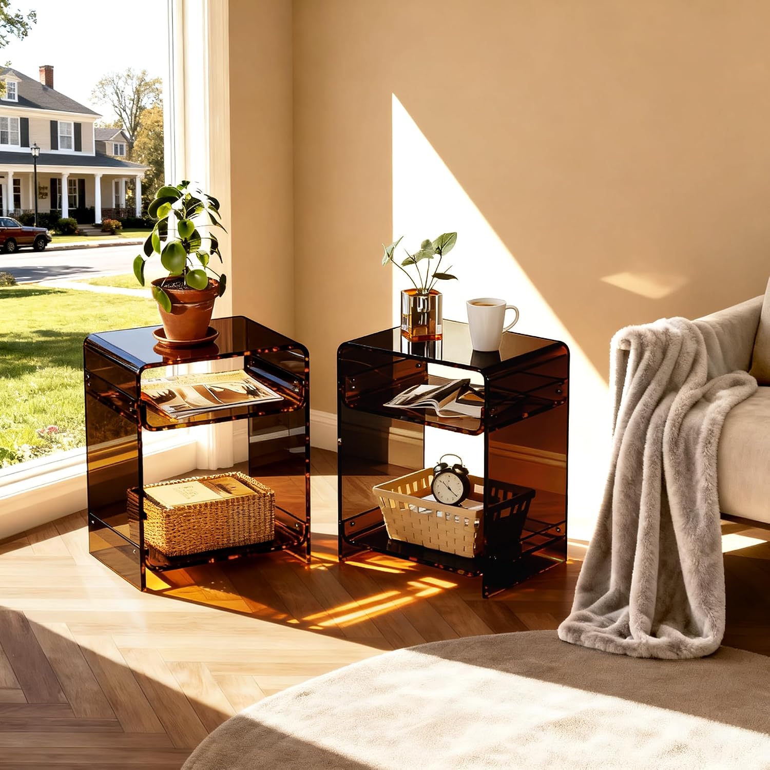 Acrylic End Table Record Player Table with Storage Shelf Clear Side Table Nightstand (Dark Brown Set of 2)