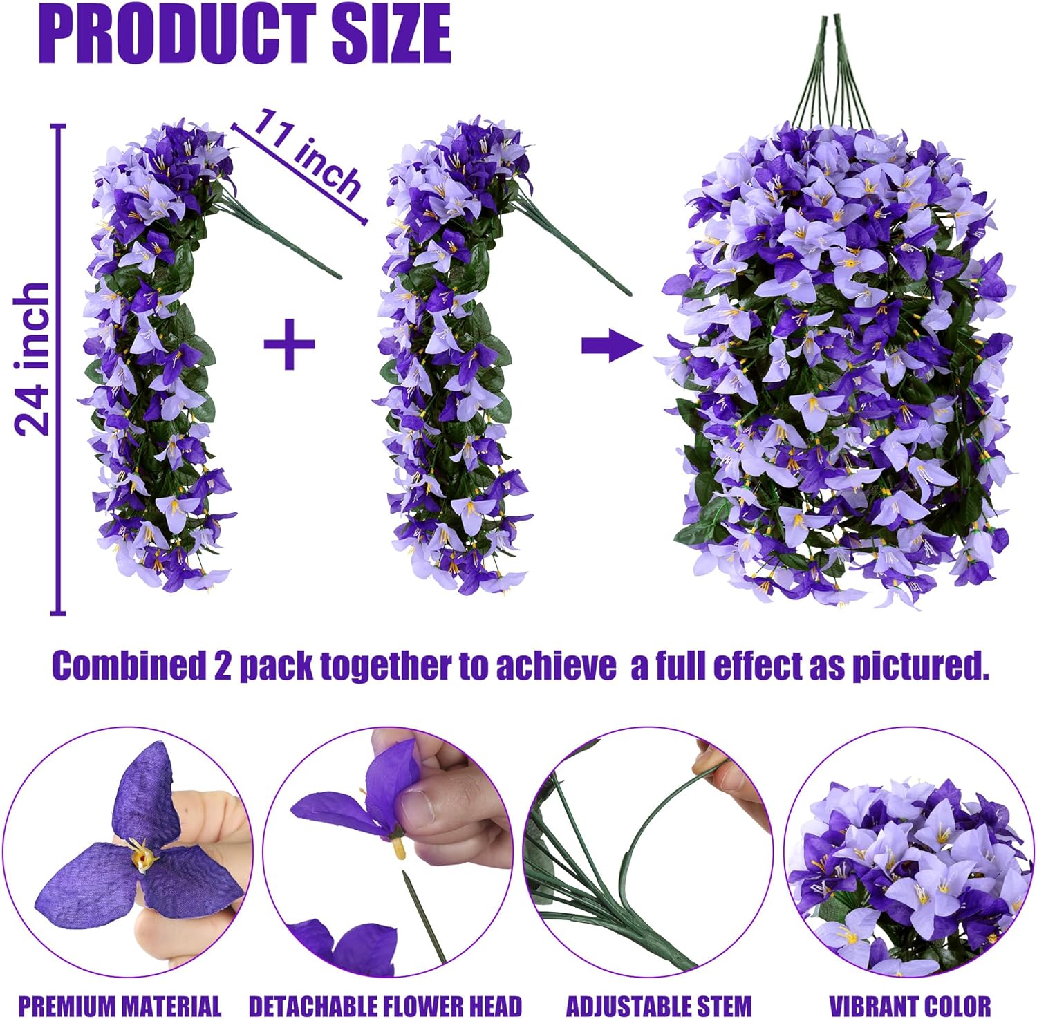 Artificial Bougainvillea Flowers Fake Hanging Flowers Plants for Outdoor Outside Decoration 2PCS Faux Silk UV Resistant Long Trailing Vines for Front Door Home Porch Patio Yard (Dark & Light Purple)