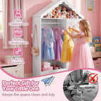 Costzon Kids Dress Up Storage with Mirror, Roofed Wardrobe Closet with Open Hanging Rack, Shelves & Hooks for Children, Kids Armoire & Costume Organizer for Bedroom (White)