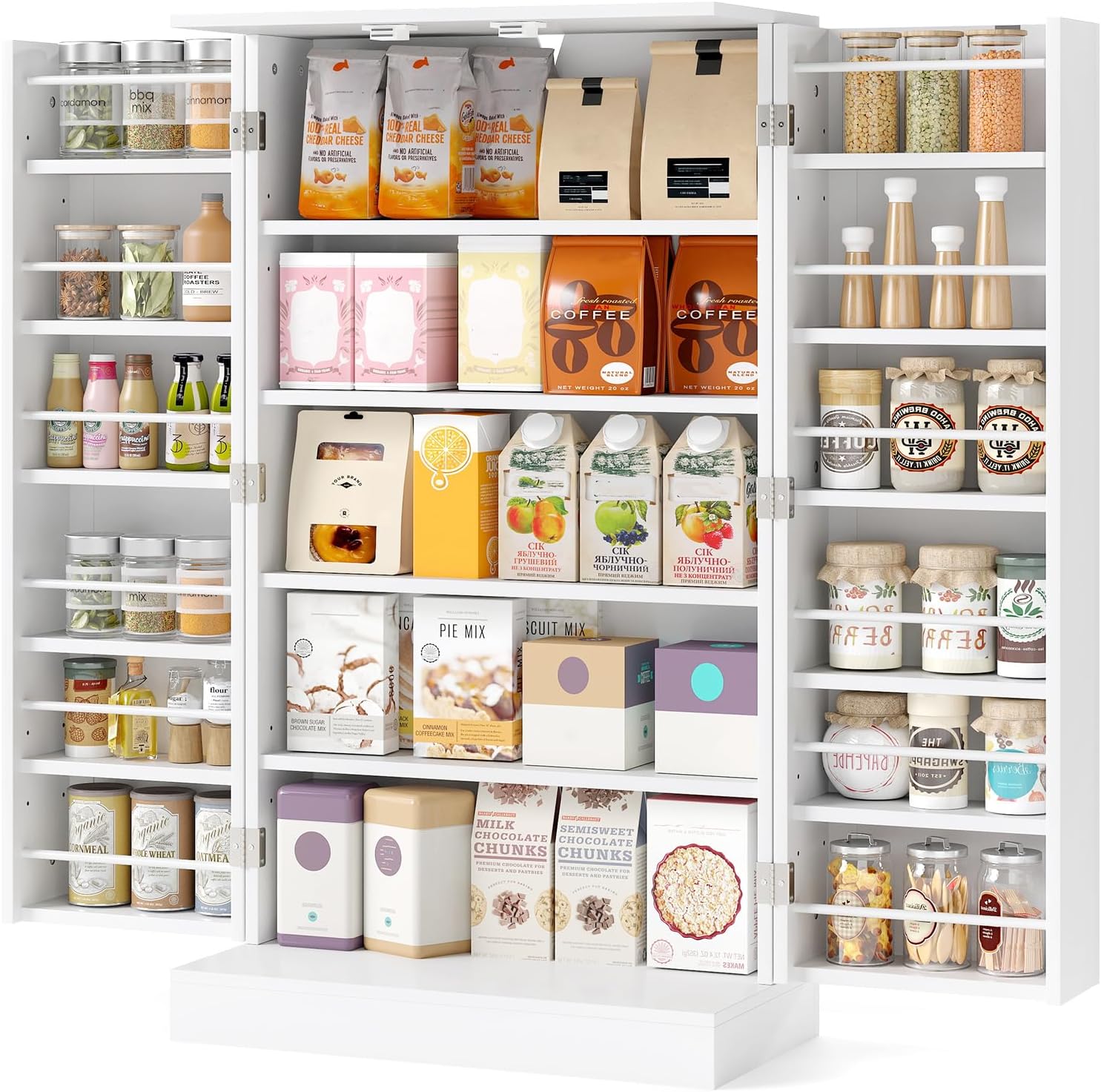 LOKO 41” Kitchen Pantry Cabinet, 5-Tier Storage Cabinet with 17 Shelves & 12 Guardrails, 3-Level Adjustable Shelves, Modern Food Cabinet with Anti-toppling Kit for Dining Room, Living Room (White)