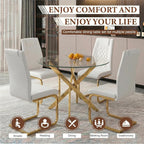 5 Piece Round Glass Dining Table Set for 4, Modern Tempered Glass Top Kitchen Table with 4 Upholstered Chairs, Space-Saving Dining Set for Small Apartment, Gold & Gold
