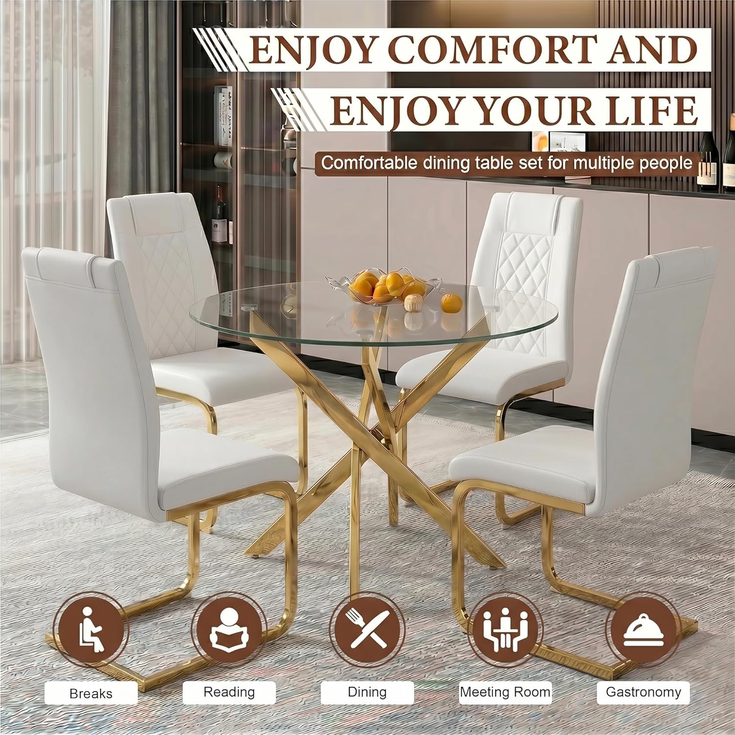 5 Piece Round Glass Dining Table Set for 4, Modern Tempered Glass Top Kitchen Table with 4 Upholstered Chairs, Space-Saving Dining Set for Small Apartment, Gold & Gold
