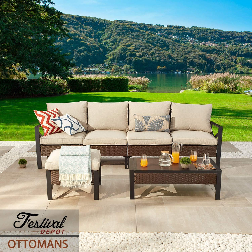 Festival Depot Patio Ottoman Footstool Outdoor Furniture with Wicker Rattan, X Shape Slatted Steel Frame Foot Rest with Premium Fabric Soft Cushion Square for Garden Yard Lawn All-Weather