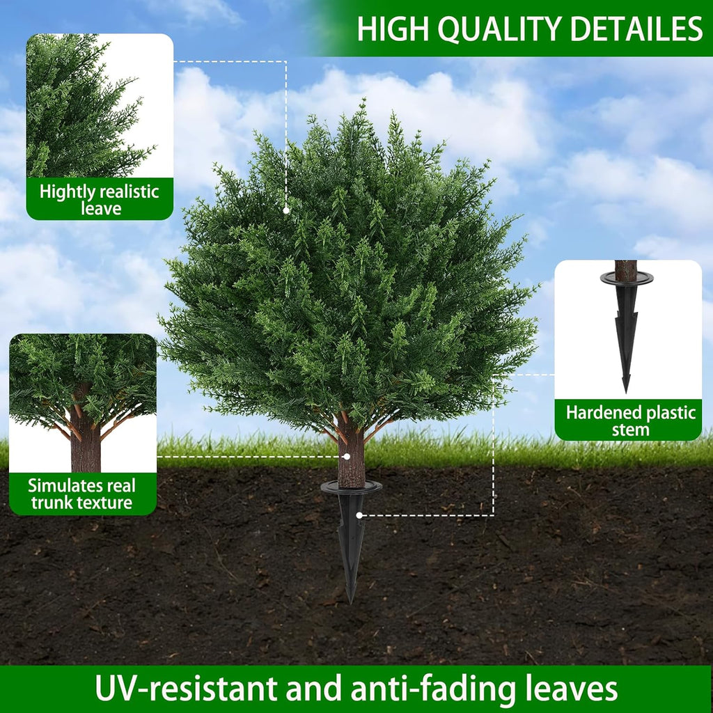 Yangrass Artificial Set of 4 Cedar Topiary Trees with Ground Spike, 4 Pack Artificial Plants with UV Resistant, Faux Evergreen Tree for Indoor Outdoor