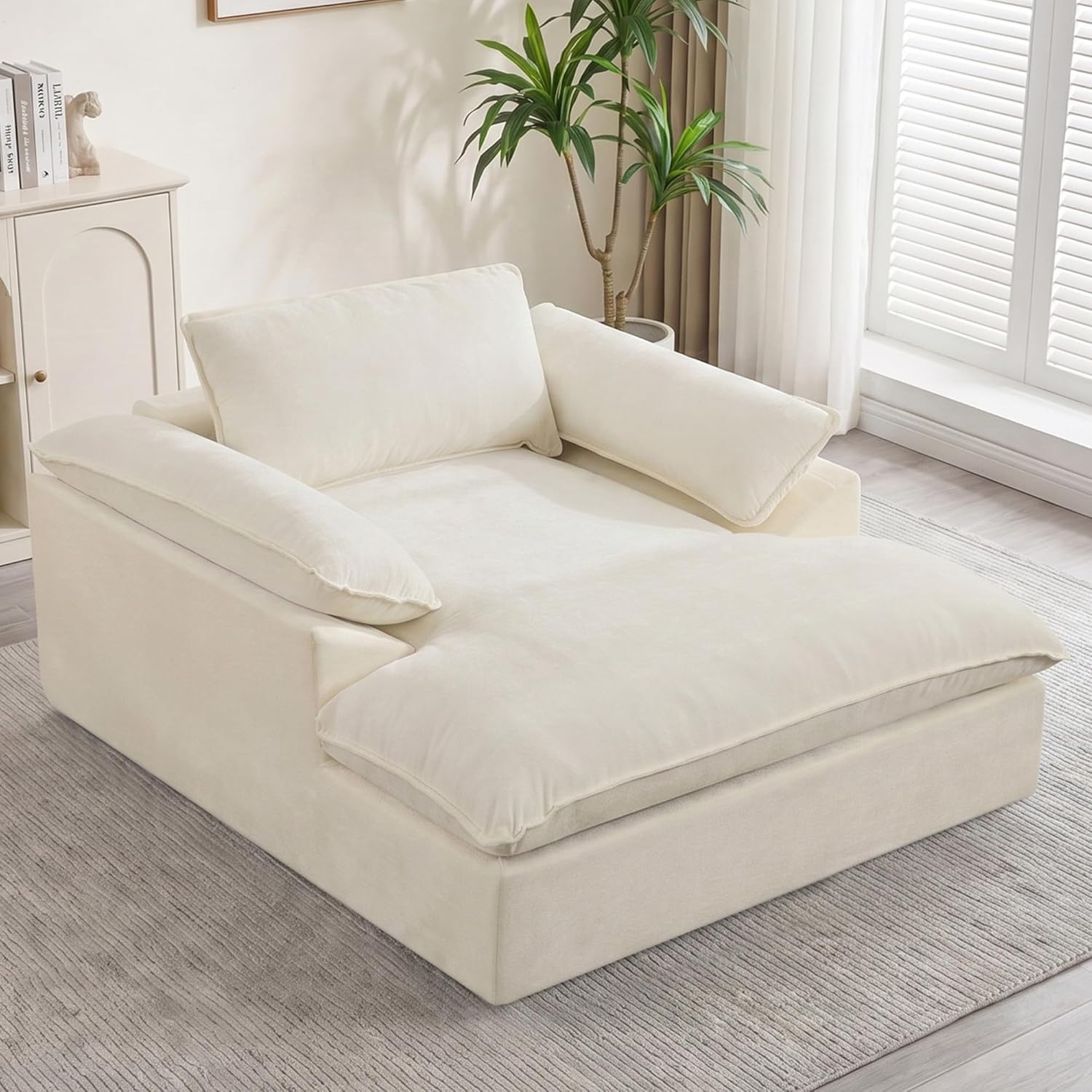 HUBSON 69" Oversized Boneless Chaise Lounge Chair Indoor, Comfy Deep Seat Sleeper Lounge Couch, Upholstered Chenille Cloud Chairs for Living Room, Bedroom, Apartment, No Assembly Required, Beige