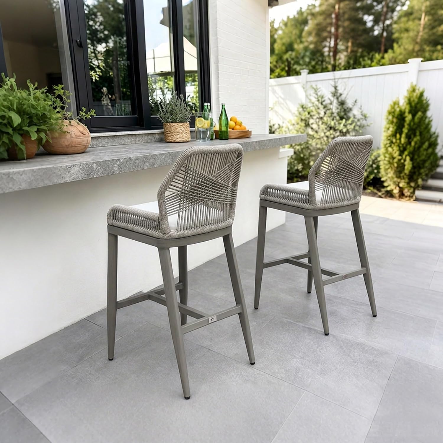 PURPLE LEAF Patio Bar Stools 28" H Set of 2 Handwoven Wicker Bar Height Stool Modern Aluminum High Bar Chairs Outdoor Wicker Barstools with Back and Cushion for Kitchen Pool Island