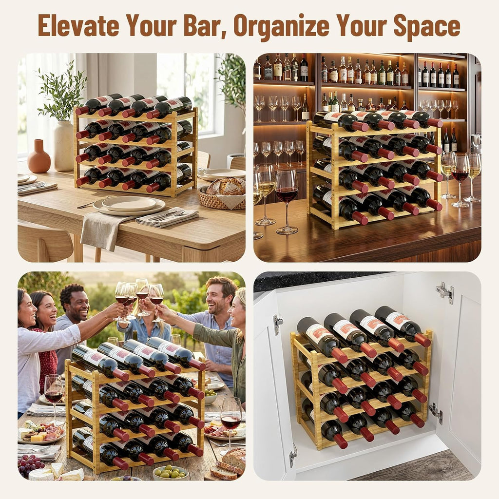 Nuovoware Bamboo Wine Rack, 4-Tier 16-Bottle with Wavy Groove, Wood Color | Sturdy Freestanding Countertop Shelf for Kitchen, Pantry, Dining Room, Basement, Bar, Wine Cellar