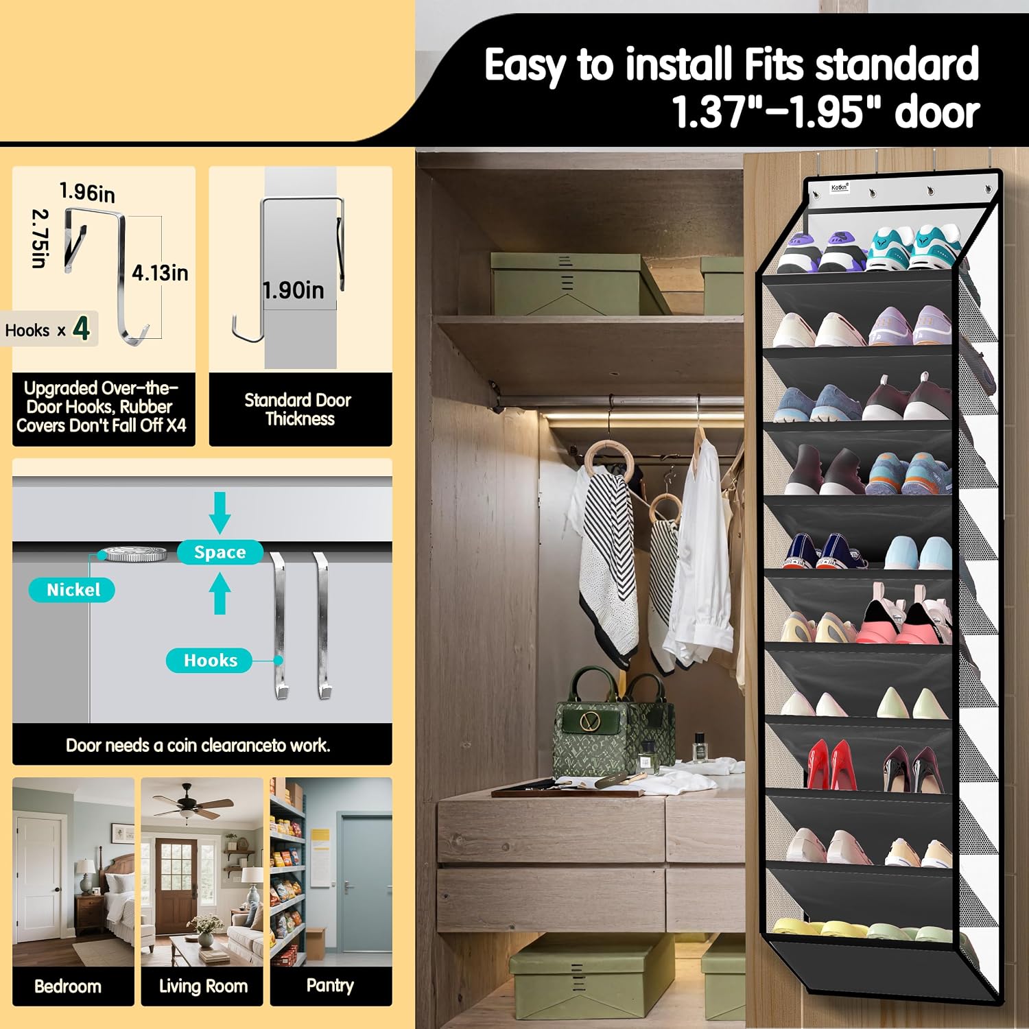 Kotkn 10 Tier Hanging Shoe Rack - Heavy Duty Behind The Door Hanging Shoe Rack, Sturdy Oxford Cloth, 20+ Pairs Over The Door Shoe Cabinet for Boots and Sneakers - Save 50% Closet Space! (Piano White)