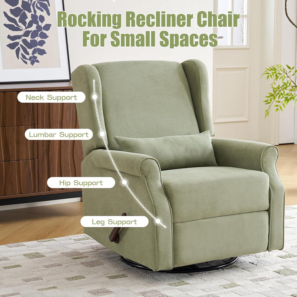 360°Swivel Rocker Recliner, Nursery Rocking Chair with Lumbar Pillow,Glider Recliner Nursery Chair for Small Spaces,Living Room & Bedroom,Chenille Green